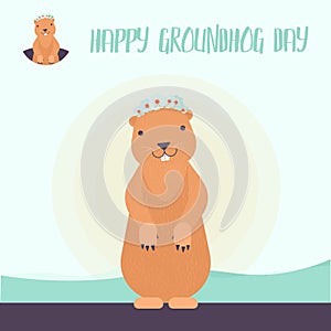 Celebration card. Avatar or logo gopher. Happy Groundhog Day design with cute groundhog - Vector